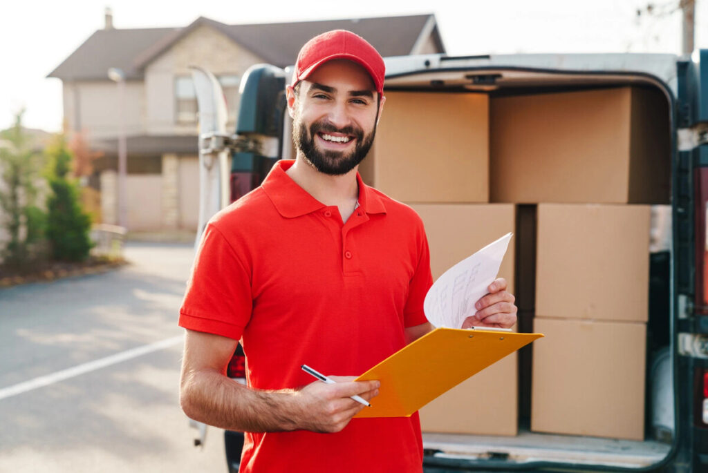 delivery driver in red uniform holding clipboard and smiling by van