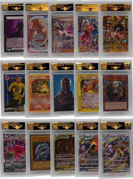 graded collectible cards displayed in protective plastic cases